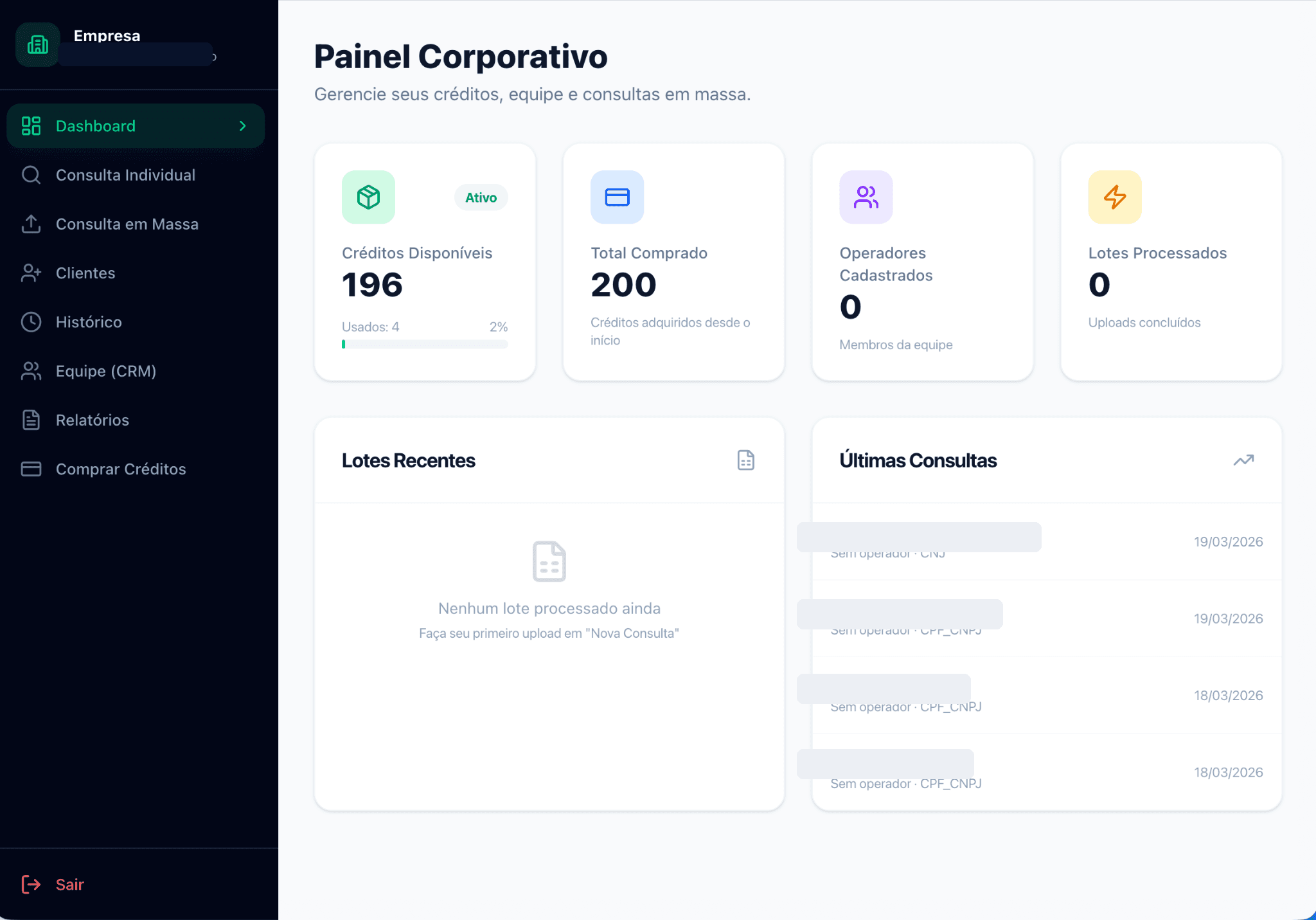 Dashboard corporativo com saldo de triagens, operadores e últimas consultas processuais